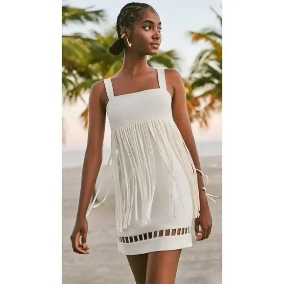 $650 Alexis SASKIA Alabaster Sleeveles Mini Fringe Dress Sz M Bridal Wedding - Picture 7 of 16